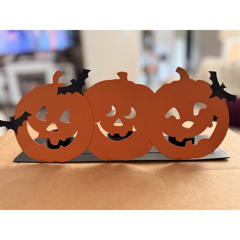 Vintage Hallmark Halloween Jack O lantern 3 Votive Candle Holder Metal 11"